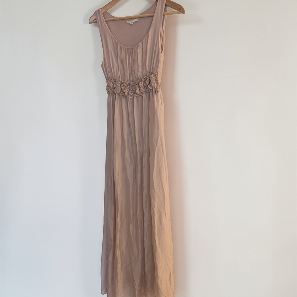 Sleeveless Blush Maxi Dress with Floral Waist Detail